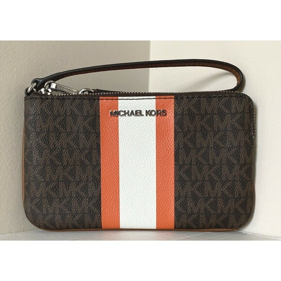 New Michael Kors Jet Set Travel Large top zip wristlet Brown / Tangerine Multi - Picture 1 of 4